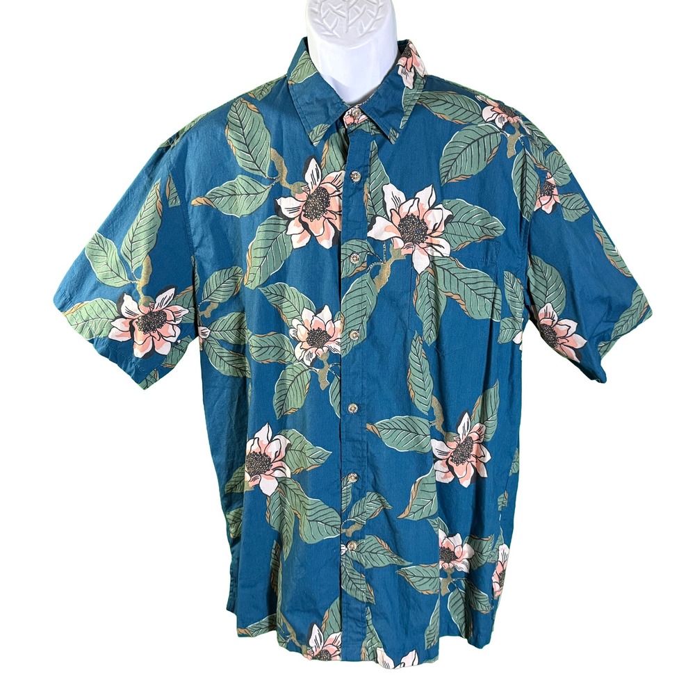Cooke Street Button Down Shirt Mens‎ XL Blue Floral Short Sleeve Hawaiian Cotton